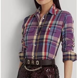 NWT - LAUREN RALPH LAUREN - Plaid Suede-Trim Cotton Twill Shirt